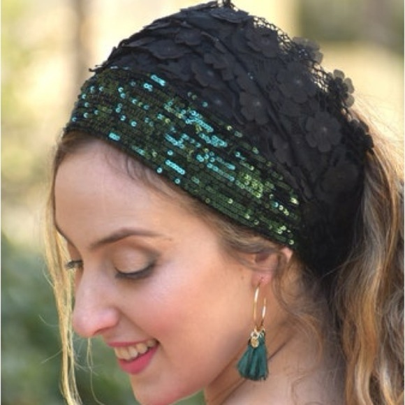 Lovely Black & Green Lace Handmade Mitpachat Head Covering-Scarf-Tichel Headband main image 5